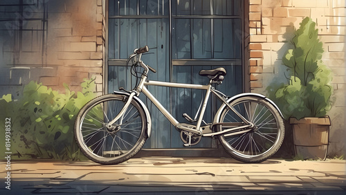 A classic bike stands against a rustic backdrop, evoking a sense of nostalgic tranquility The image portrays a peaceful street scene with old architecture