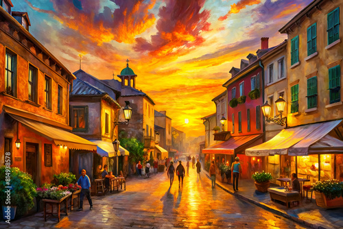 Impressionistic painting of a market street with buildings adorned in bright lively colors under a sunset orange sky © Butsarakham