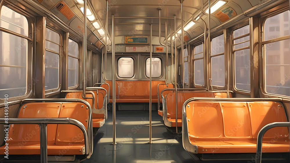 Fototapeta premium Digital illustration depicting an empty subway car interior with orange seats, metallic poles, and bright windows
