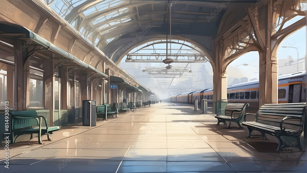 The interior of a spacious, sunlit railway station, depicted in a digital illustration with a vintage feel The interior of a spacious, sunlit railway station, depicted in a digital illustration with a vintage feel