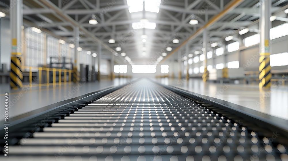 Blurred factory background highlights blank conveyors in this 3D illustration. Blurred factory background highlights blank conveyors in this 3D illustration.