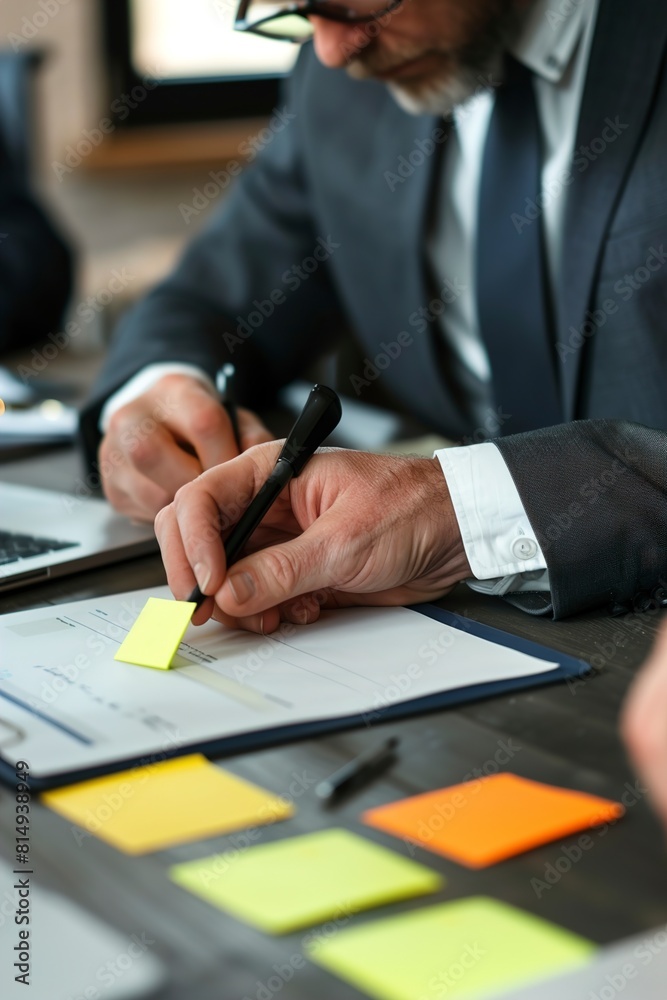 Businessmen writing on adhesive notes at office Businessmen writing on adhesive notes at office