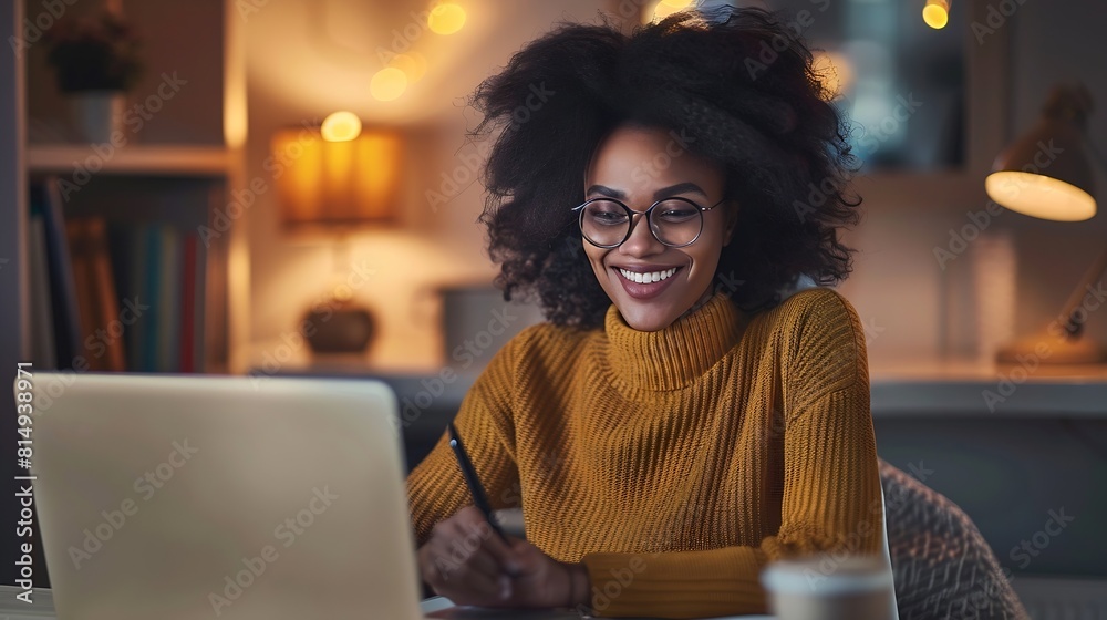 Distance Education Portrait of smiling woman sitting at desk using laptop and writing in notebook taking notes watching tutorial lecture or webinar studying online at home looking at s : Generative AI Distance Education Portrait of smiling woman sitting at desk using laptop and writing in notebook taking notes watching tutorial lecture or webinar studying online at home looking at s : Generative AI