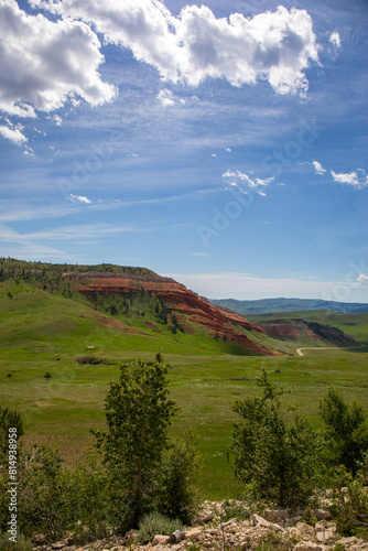 Bright green grass with red rock cliffs in Wyoming.  Chief Joseph Byway in northwest Wyoming.  Green landscape with blue sky and wispy white clouds.  Switchback highway in northwest Wyoming. photo