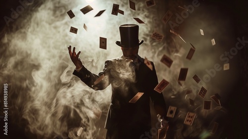 Magician in traditional costume practices alone in a dimly lit studio, AI-generated. photo