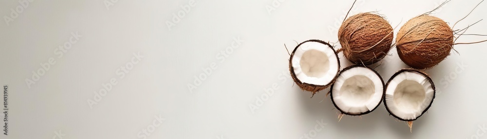 milky white background with three coconuts, a lot of empty space milky white background with three coconuts, a lot of empty space