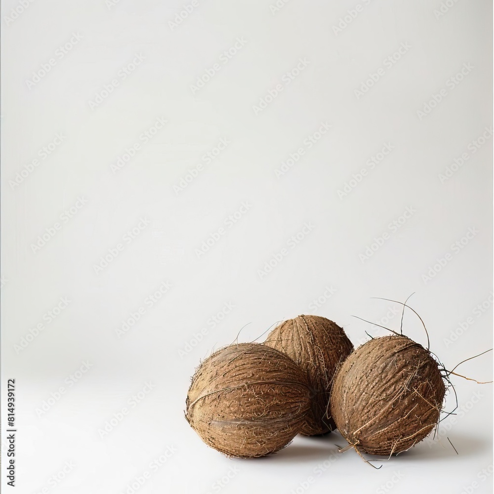 milky white background with three coconuts, a lot of empty space milky white background with three coconuts, a lot of empty space