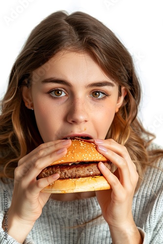 Close up portrait of a hungry young woman eating