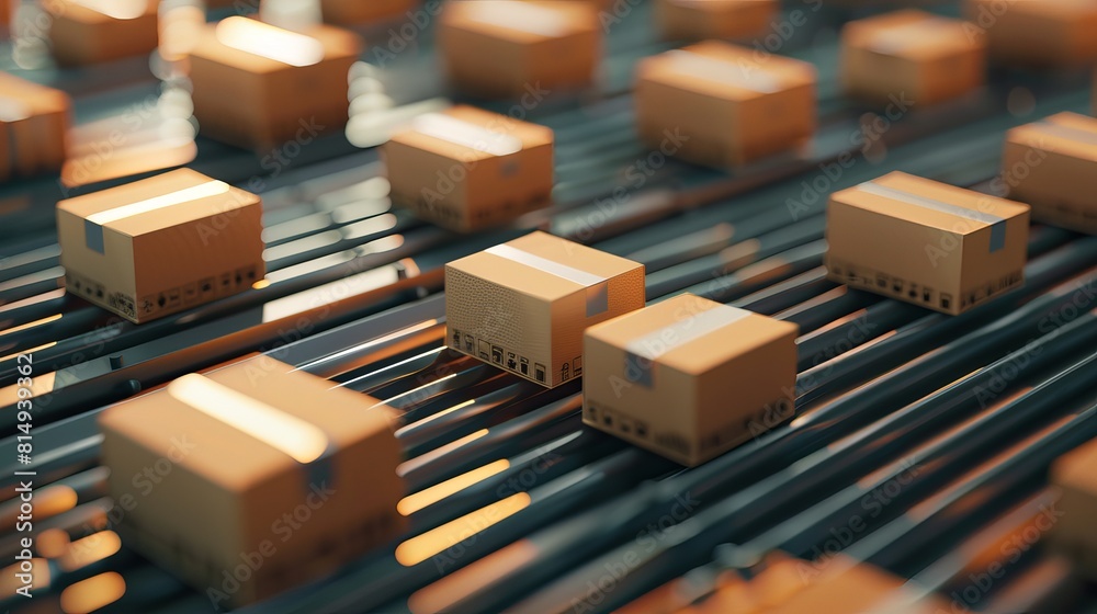 Cardboard boxes move along a conveyor belt, symbolizing logistics and delivery. Minimalistic 3D illustration.