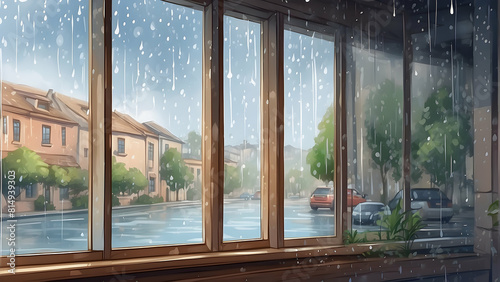 A contemplative view of a city street seen through raindrops on a window  creating a calming and reflective scene