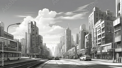 An illustration of a bustling city street scene in monochrome  featuring urban architecture and vehicles