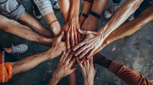 Diverse team members' hands coming together in a collaborative brainstorming session,showcasing