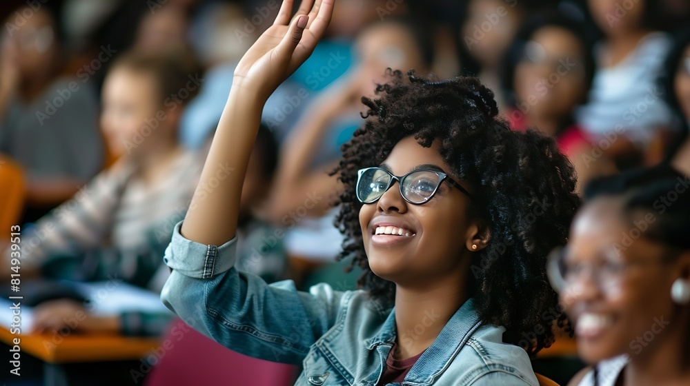 Happy African American student raising her hand to ask a question during lecture in the classroom : Generative AI Happy African American student raising her hand to ask a question during lecture in the classroom : Generative AI