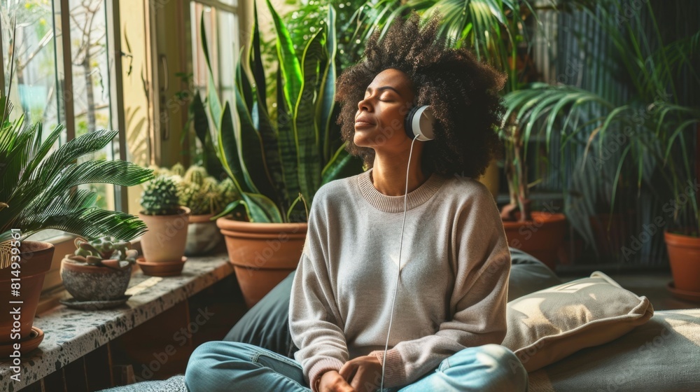 A woman with curly hair wearing a white sweater sitting cross-legged with eyes closed and headphones on surrounded by potted plants in a room with natural light.