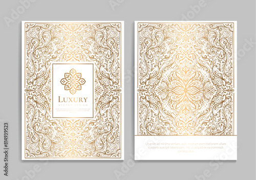 Gold vintage greeting card design with a white background. Luxury vector ornament template. Mandala. Great for invitation, flyer, menu, brochure, wallpaper, decoration, or any desired idea.