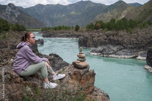 Woman at the river Katun at...