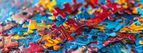 A pile of colorful jigsaw puzzle pieces