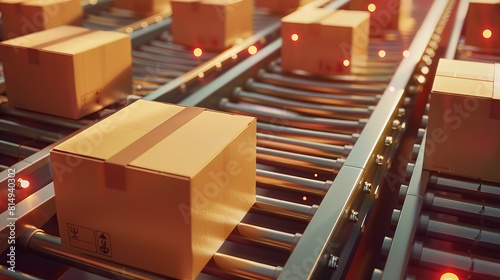 Cardboard boxes move along a conveyor belt, symbolizing logistics and delivery. Minimalistic 3D illustration. © Khalida