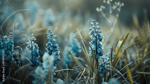Close up of blue wild hyacinths flowers in grass  photo