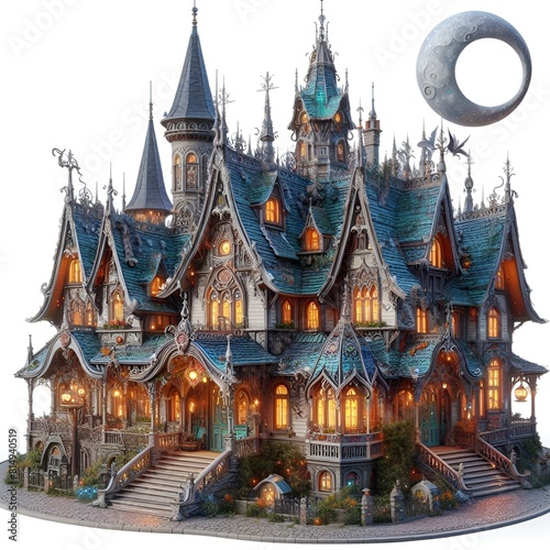 An eerie gothic house with a moon and clock