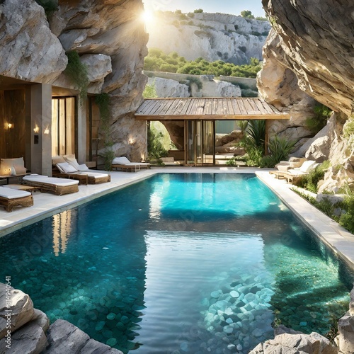 pool in the resort.a unique villa with a cave-like pool area naturally integrated into rocky surroundings, with sunlight filtering through. Picture a luxurious villa nestled amidst rocky cliffs, featu