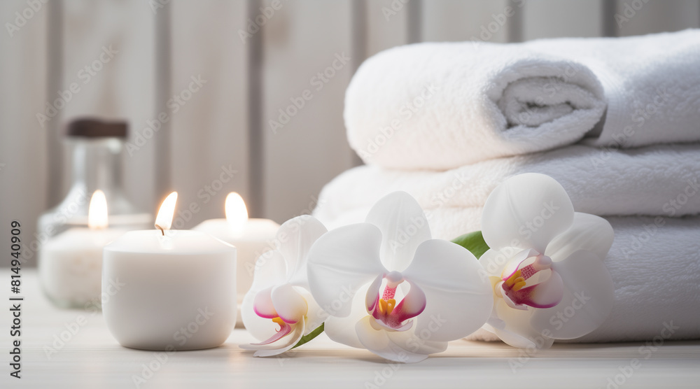 Spa background towel bathroom white luxury concept massage candle bath. Bathroom white wellness spa background towel relax aromatherapy flower accessory zen therapy aroma beauty setting table salt oil