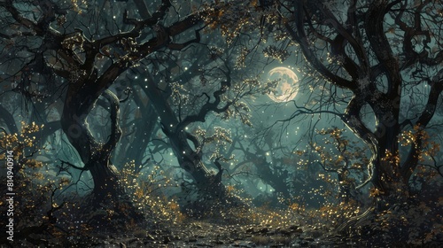 Moonlit forest enchantment gnarled trees velvety darkness backdrop