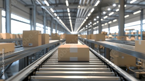 Cardboard boxes move along a production line in an automated industrial setting. 3D image.