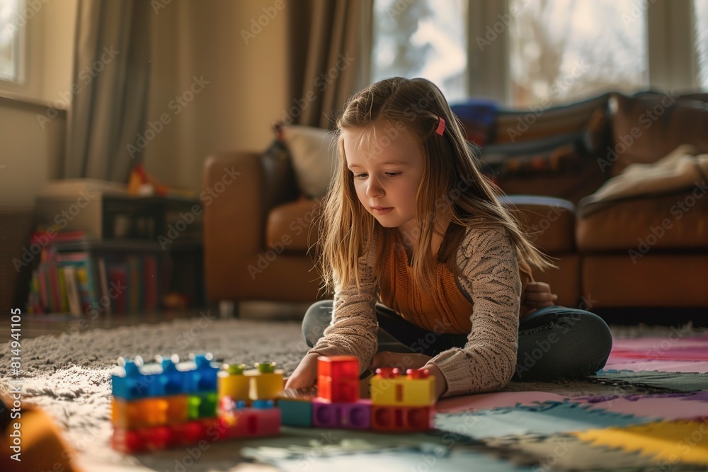 Girl playing with toy blocks sitting at home Girl playing with toy blocks sitting at home