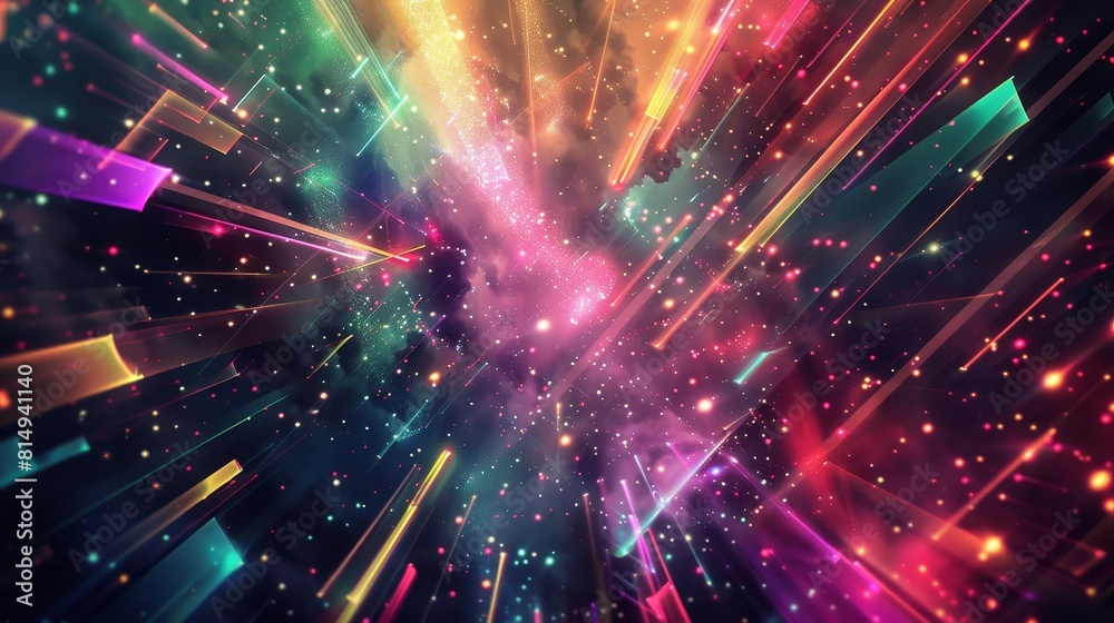 Abstract dreamscape with neon-colored shapes in dark void backdrop Abstract dreamscape with neon-colored shapes in dark void backdrop