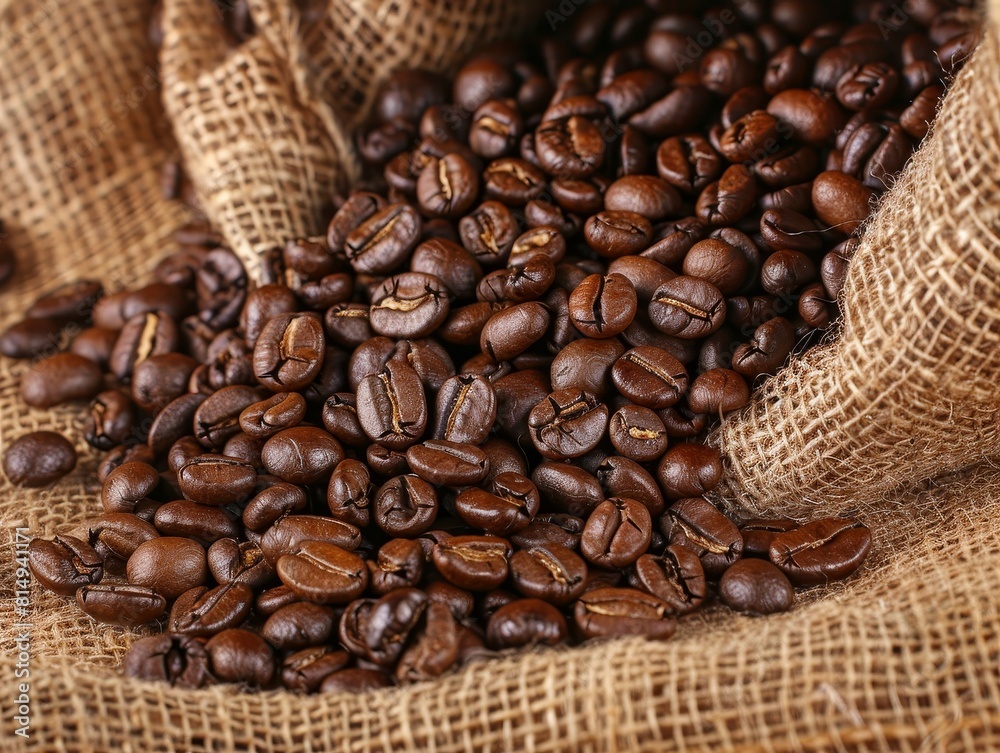 Burlap sack filled with roasted coffee beans, displaying rich texture and depth, typical for a gourmet coffee background. Burlap sack filled with roasted coffee beans, displaying rich texture and depth, typical for a gourmet coffee background.