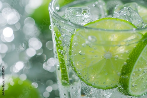 Glass of refreshing drink with sliced lime and ice