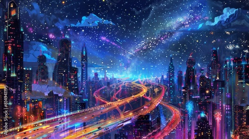 Futuristic cityscape at night with neon glow and skyscrapers backdrop