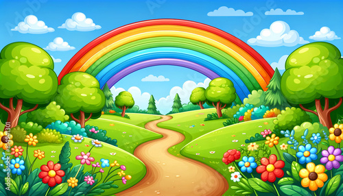 A colorful and cheerful cartoon landscape featuring a large rainbow arching over a green meadow