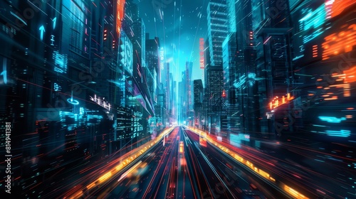 Futuristic cyberpunk metropolis with towering skyscrapers backdrop