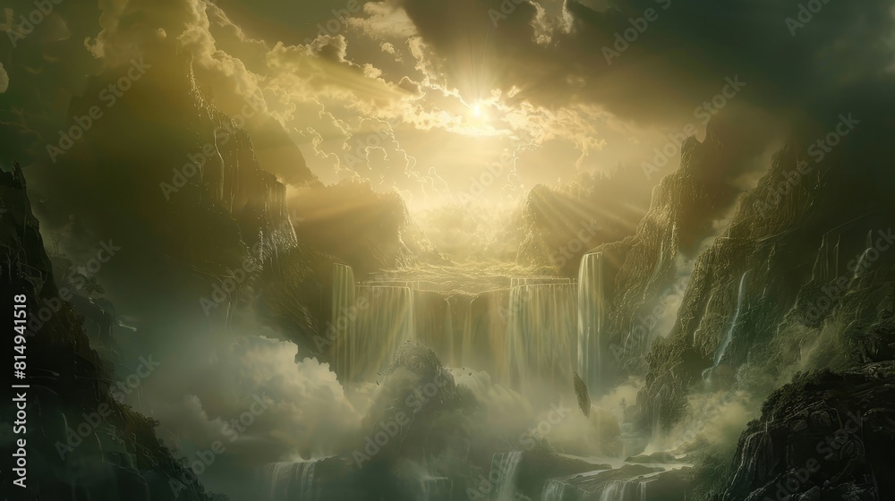 Enigmatic scene of mountains waterfalls and moonlight backdrop Enigmatic scene of mountains waterfalls and moonlight backdrop