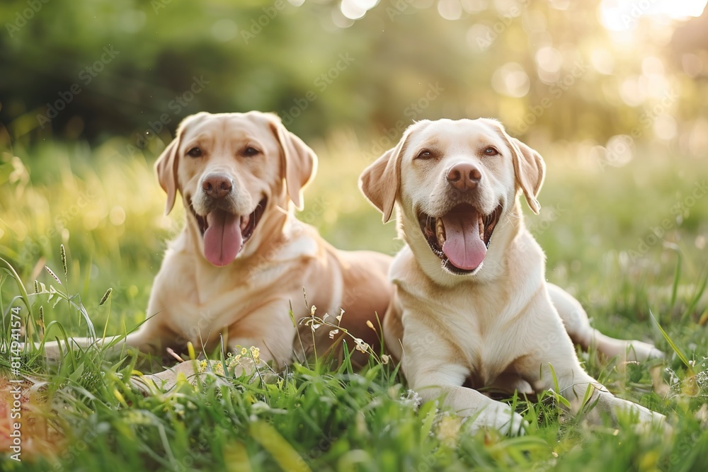 Funny Labrador Retriever dogs playing in summer Funny Labrador Retriever dogs playing in summer