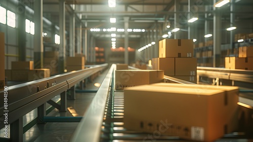 Cardboard boxes on a conveyor depict a modern cargo freight transportation hub. 3D render. © Khalida