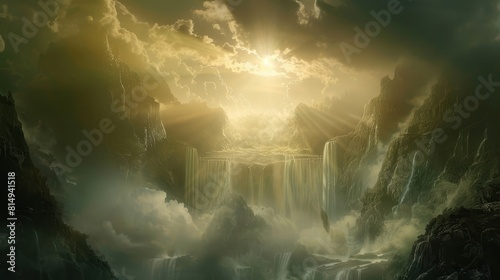 Enigmatic scene of mountains waterfalls and moonlight backdrop