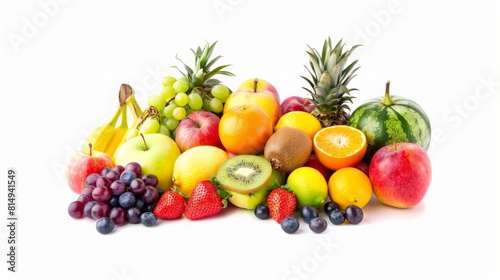 A variety of fruits including apples  bananas  grapes  pineapple  watermelon  kiwi  and strawberries