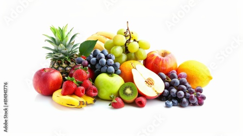 A variety of fruits including apples, grapes, bananas, pineapple, kiwi, and strawberries