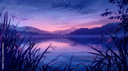 Serenity of a twilight lake with shimmering stars backdrop © javier