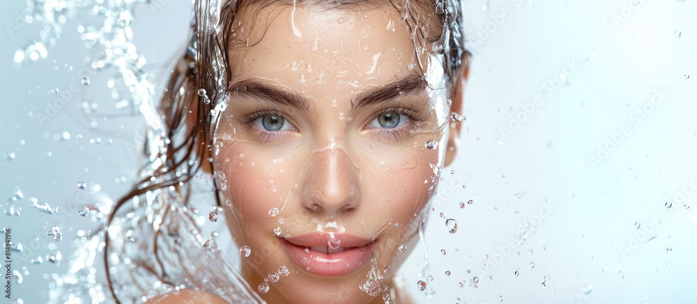Banner, young woman with refreshing water splashes and drops on clean skin, symbolizing purity, freshness, youth and skin care. Banner, young woman with refreshing water splashes and drops on clean skin, symbolizing purity, freshness, youth and skin care.