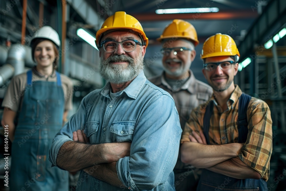 Happy mature engineer and colleagues working in factory Happy mature engineer and colleagues working in factory