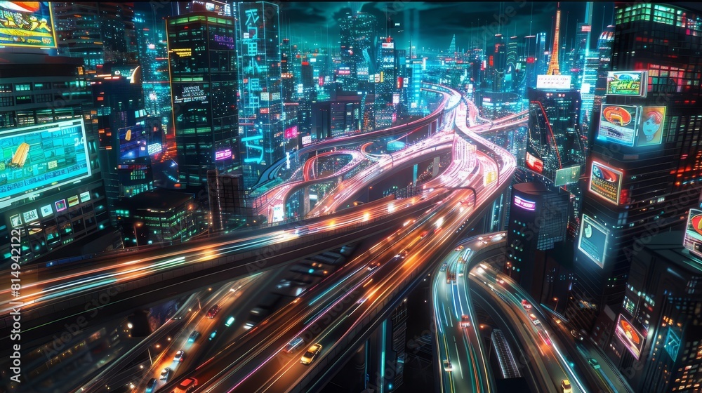 Night scene of futuristic metropolis with neon glow backdrop