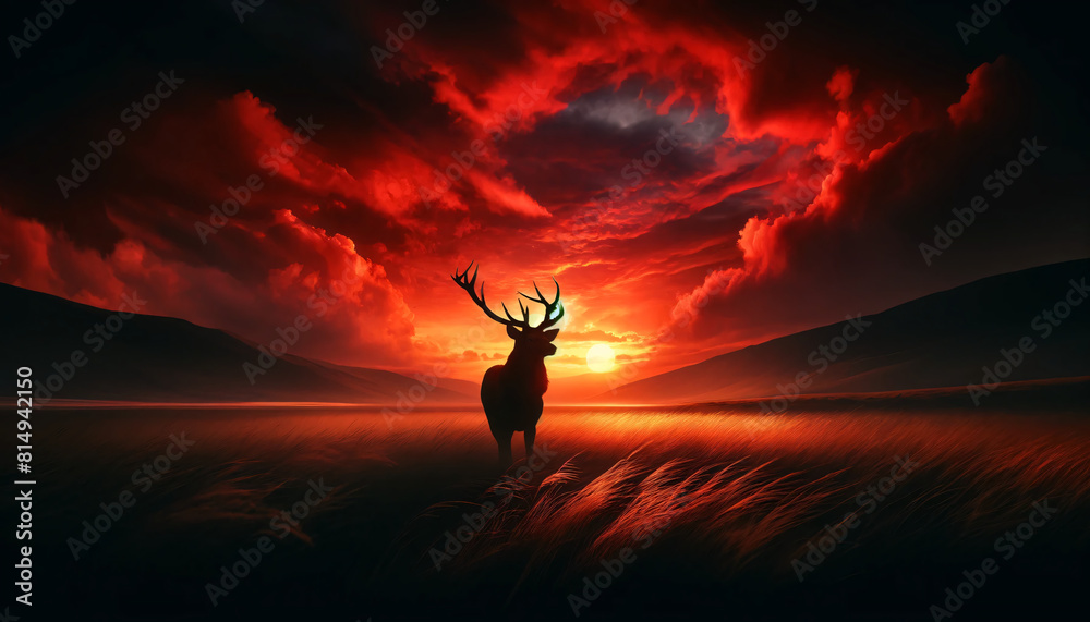 Fototapeta premium A dramatic and vivid landscape featuring a lone stag silhouetted against a fiery red and orange sunset