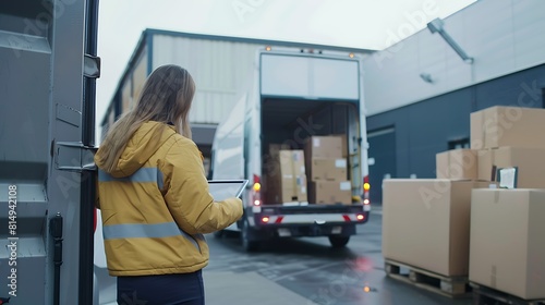 Amidst the activity outside a logistics retailer's warehouse, a female manager efficiently coordinates operations via tablet while workers load a delivery truck with cardboard boxes containing merchan