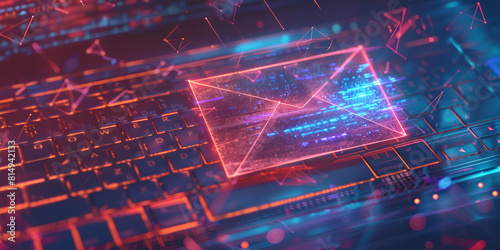 Illuminated digital envelope in data network with keyboad in background