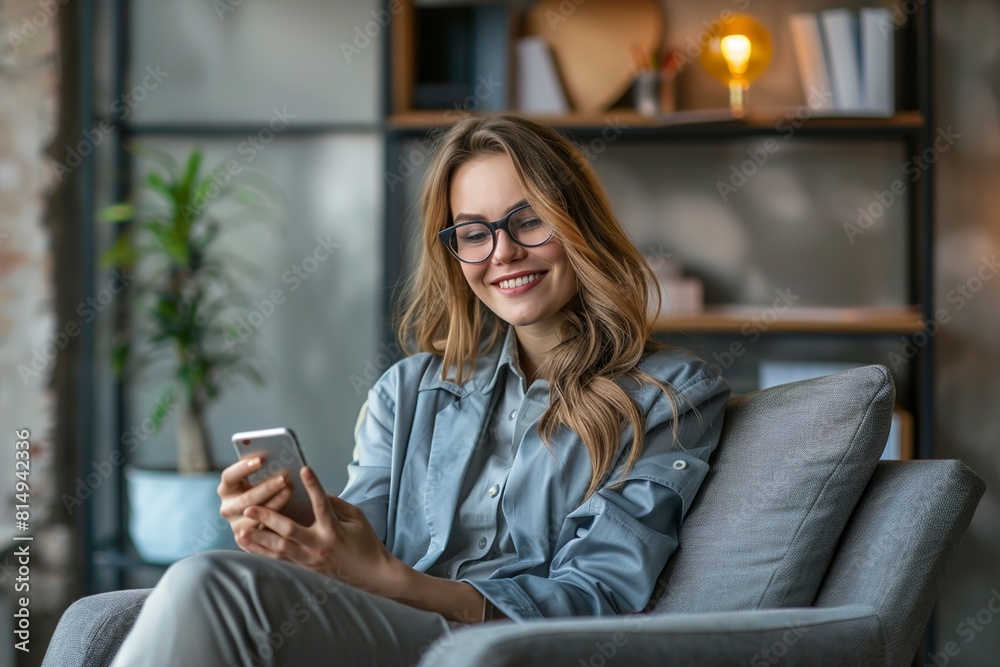 Happy smiling businesswoman sitting with mobile