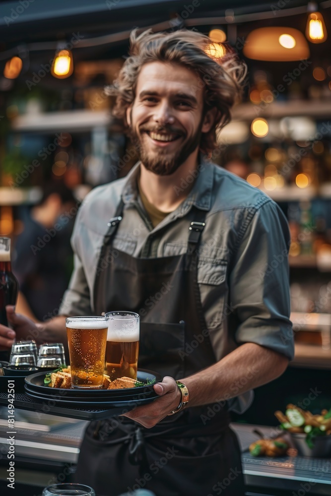 Happy waiter serving beer drinks while working ant